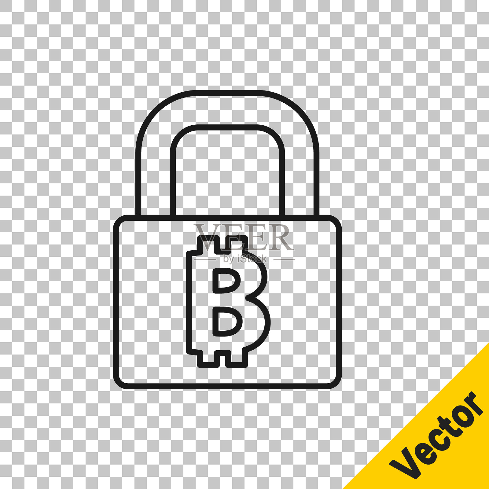 黑线锁定与比特币图标隔离在透明的背景。加密货币挖矿、区块链技术、安全、保护、数字货币。向量插画图片素材