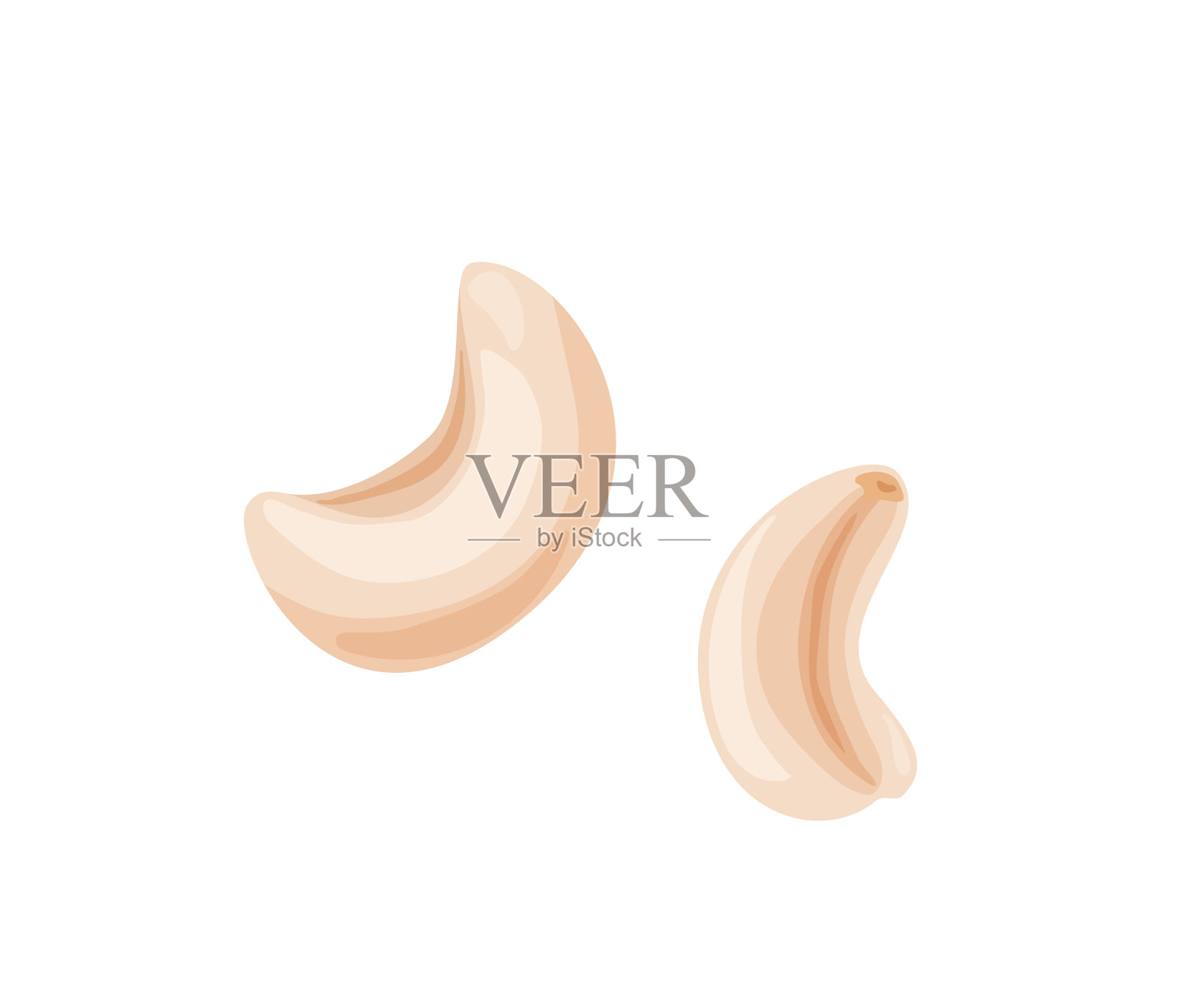 两个腰果在明亮的颜色卡通扁平风格孤立在白色背景。健康食物媒介说明。有机食物的概念插画图片素材