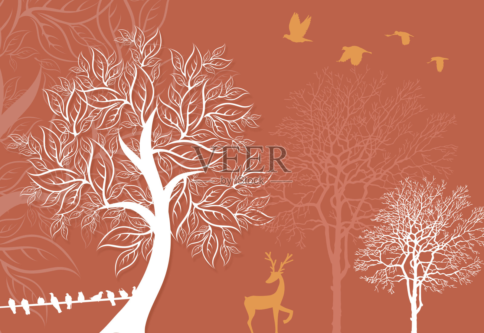 中国风3D壁画:扁平简约山水背景、树木彩枝、鸟语花香、林间鹿鸣照片摄影图片