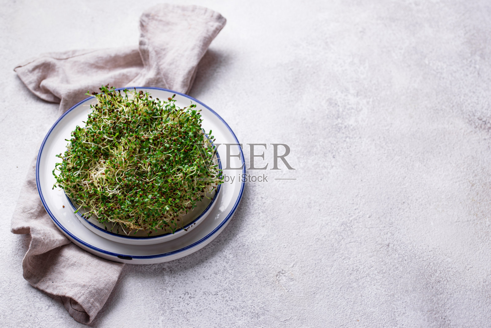 紫花苜蓿的微绿色芽。健康的食物照片摄影图片