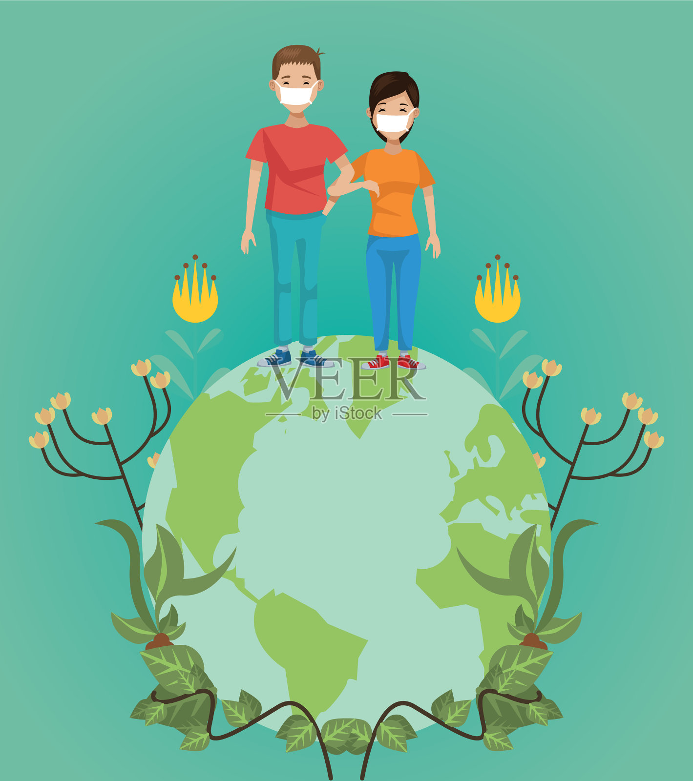 一对环保主义者和世界地球插画图片素材