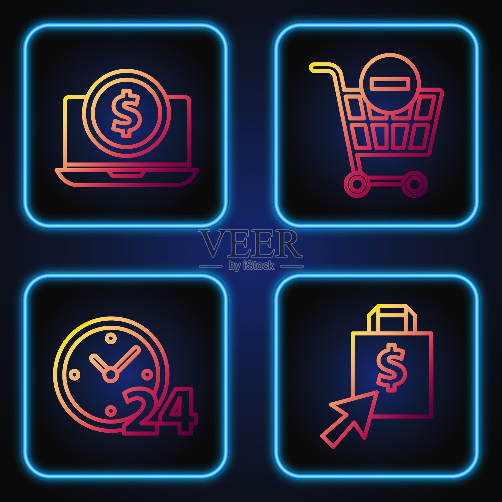 设行购物袋和美元时钟24小时插画图片素材