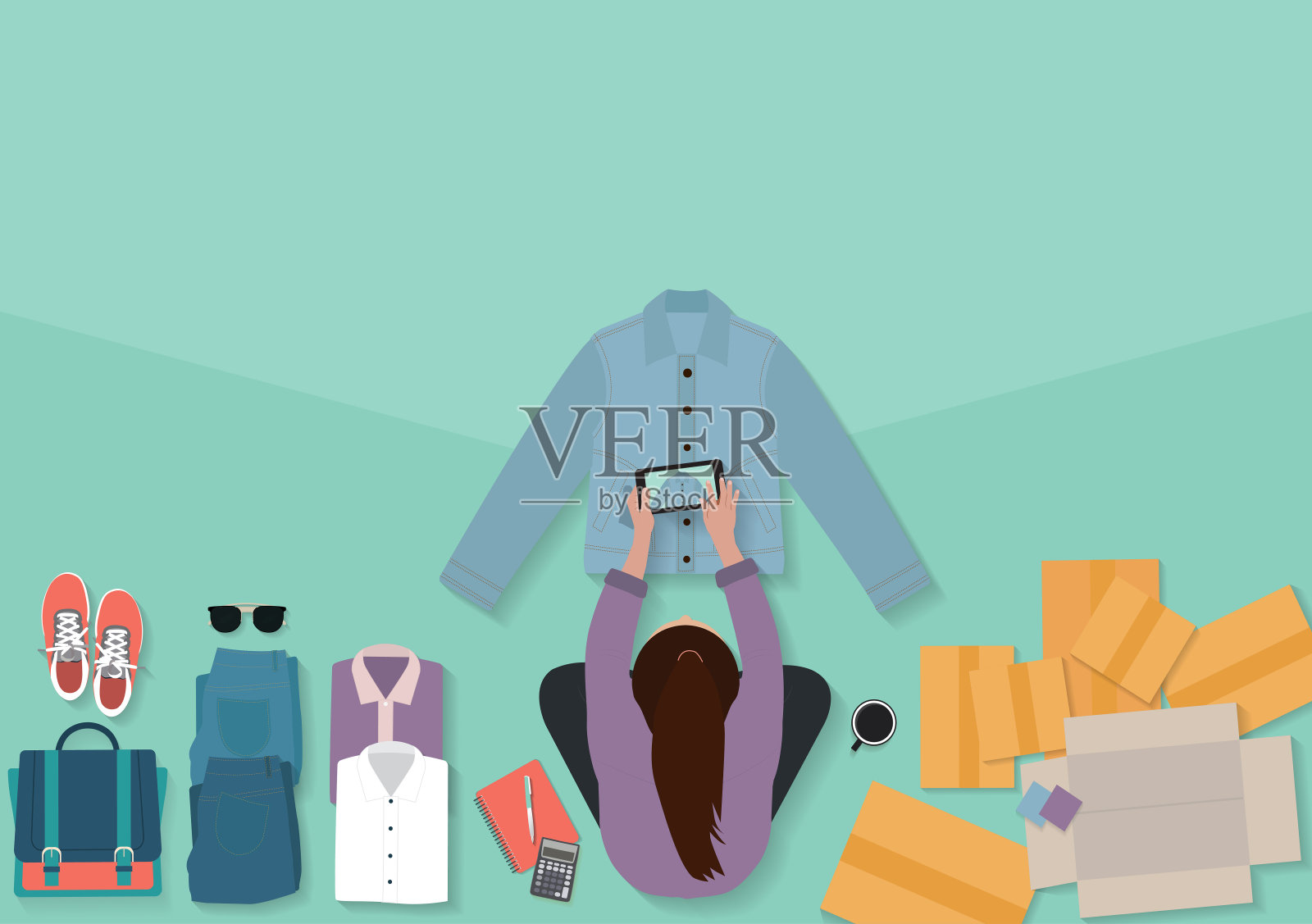 在网上销售概念小企业主,Top view妇女拍照与手机在地板上的邮包盒子。矢量插图。插画图片素材