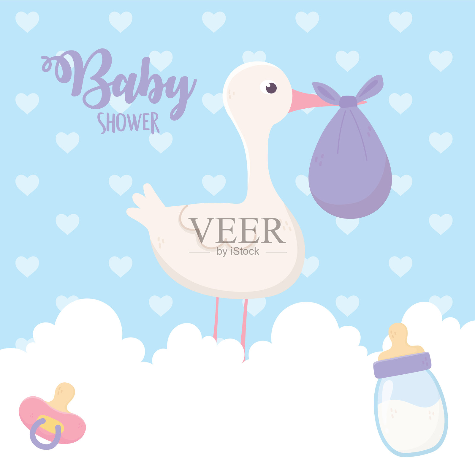 沐浴鹳和紫色的尿布和瓶子插画图片素材