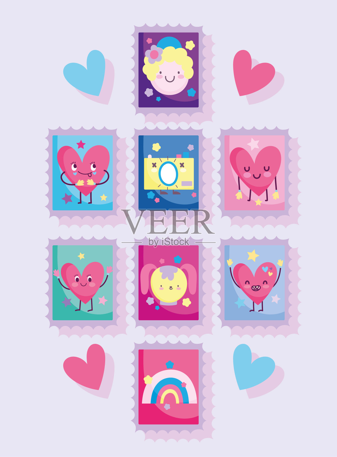 可爱的邮票小男孩脸狗相机爱插画图片素材