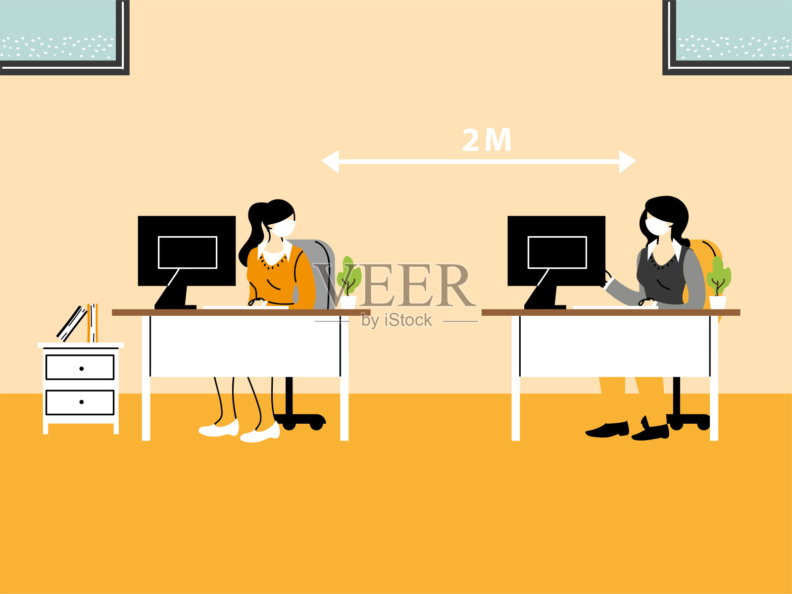 商务人士在办公室工作并保持社交距离,佩戴口罩,防止病毒传播插画图片素材
