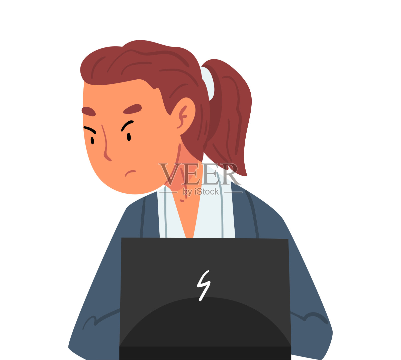 压力山大的女孩坐在电脑前,烦躁的女办公室职员用笔记本电脑在白色背景上绘制矢量图插画图片素材