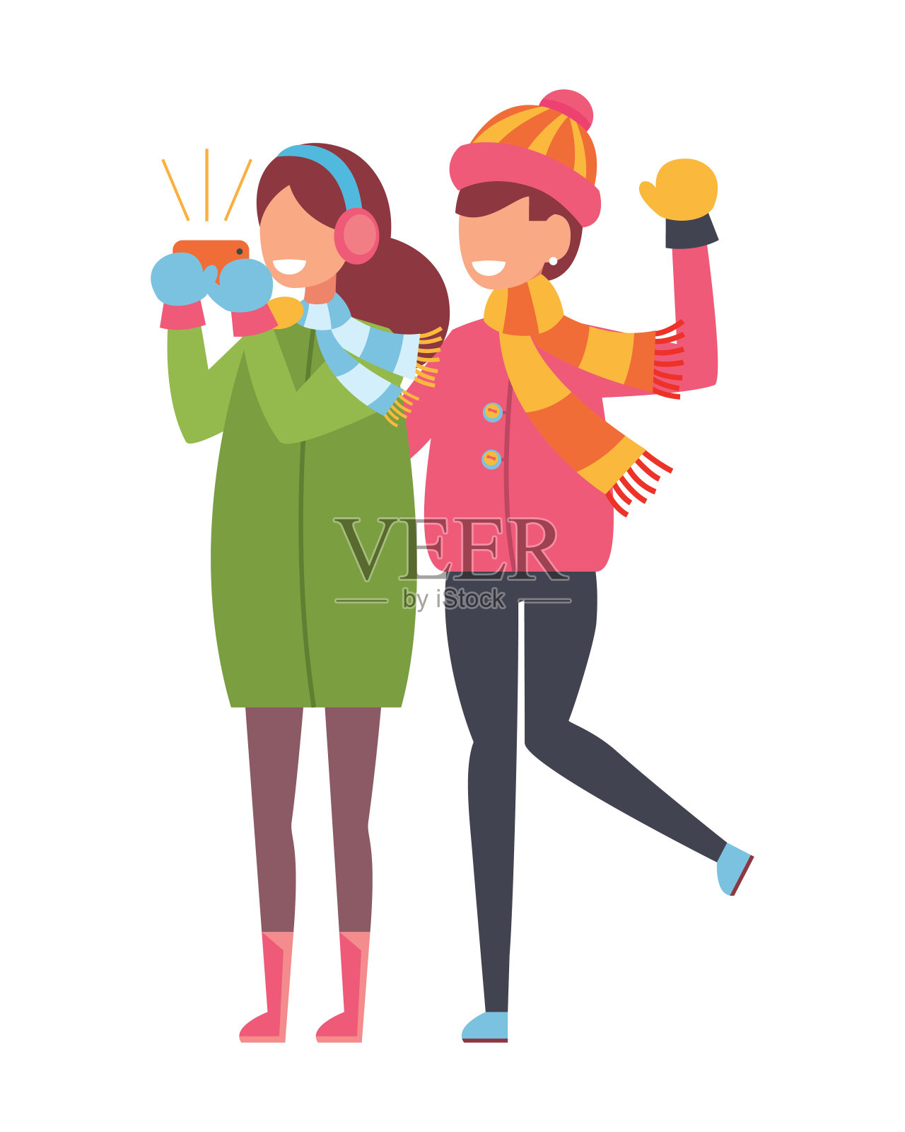 两个朋友在冬天拍照。矢量插图在白色孤立的背景插画图片素材