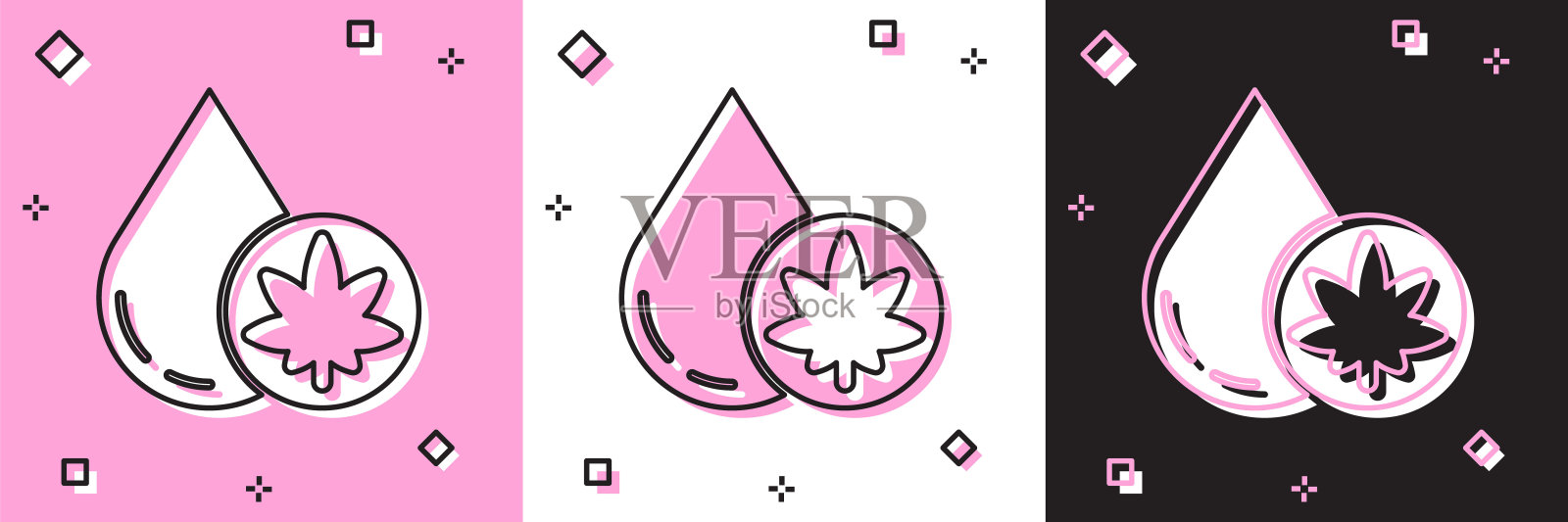 设置医用大麻或大麻叶橄榄油滴图标孤立在粉红色和白色,黑色的背景。大麻提取物。麻的象征。矢量图插画图片素材