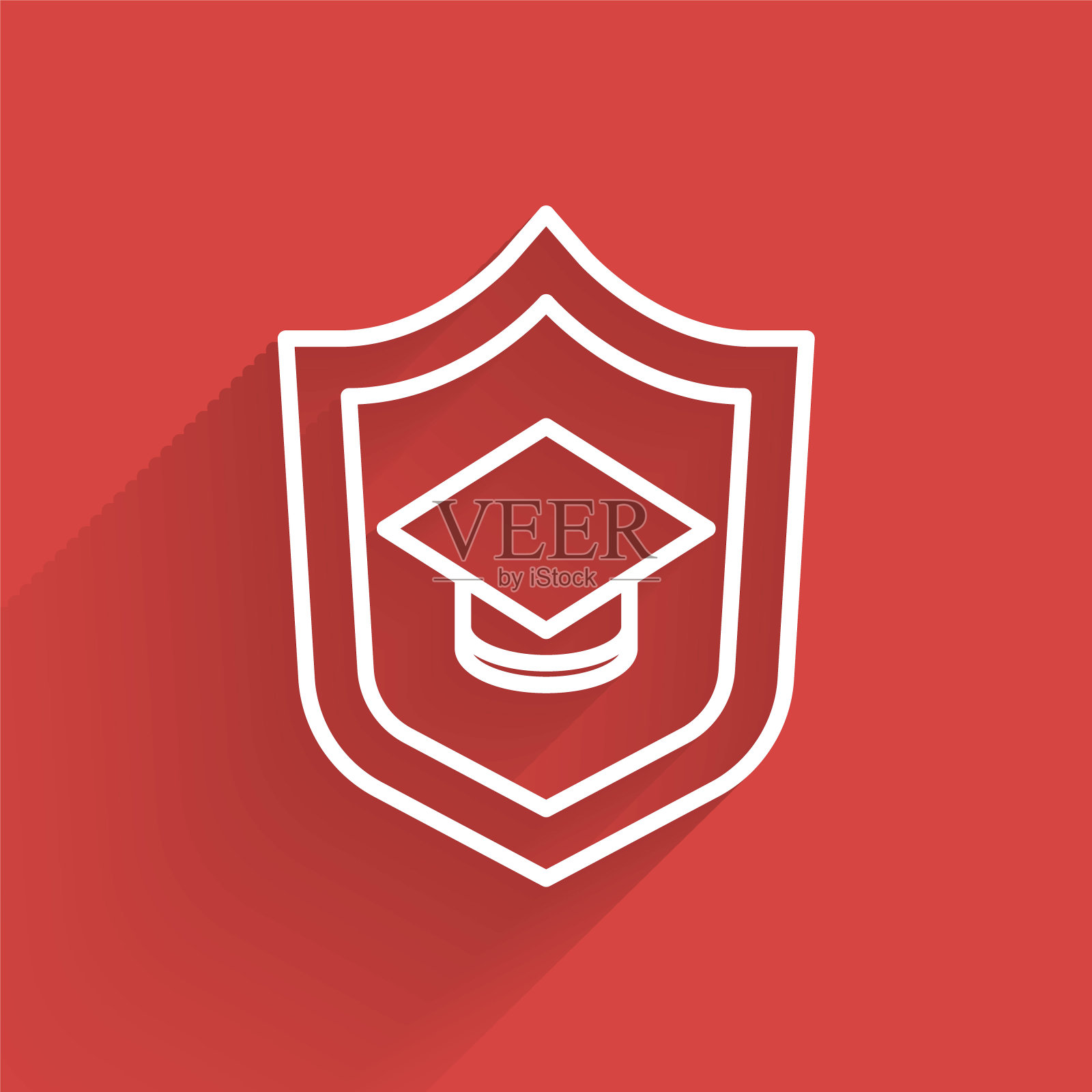 白色线毕业帽与盾牌图标隔离与长阴影。保险的概念。安全、安全、保护、保护理念。向量插画图片素材