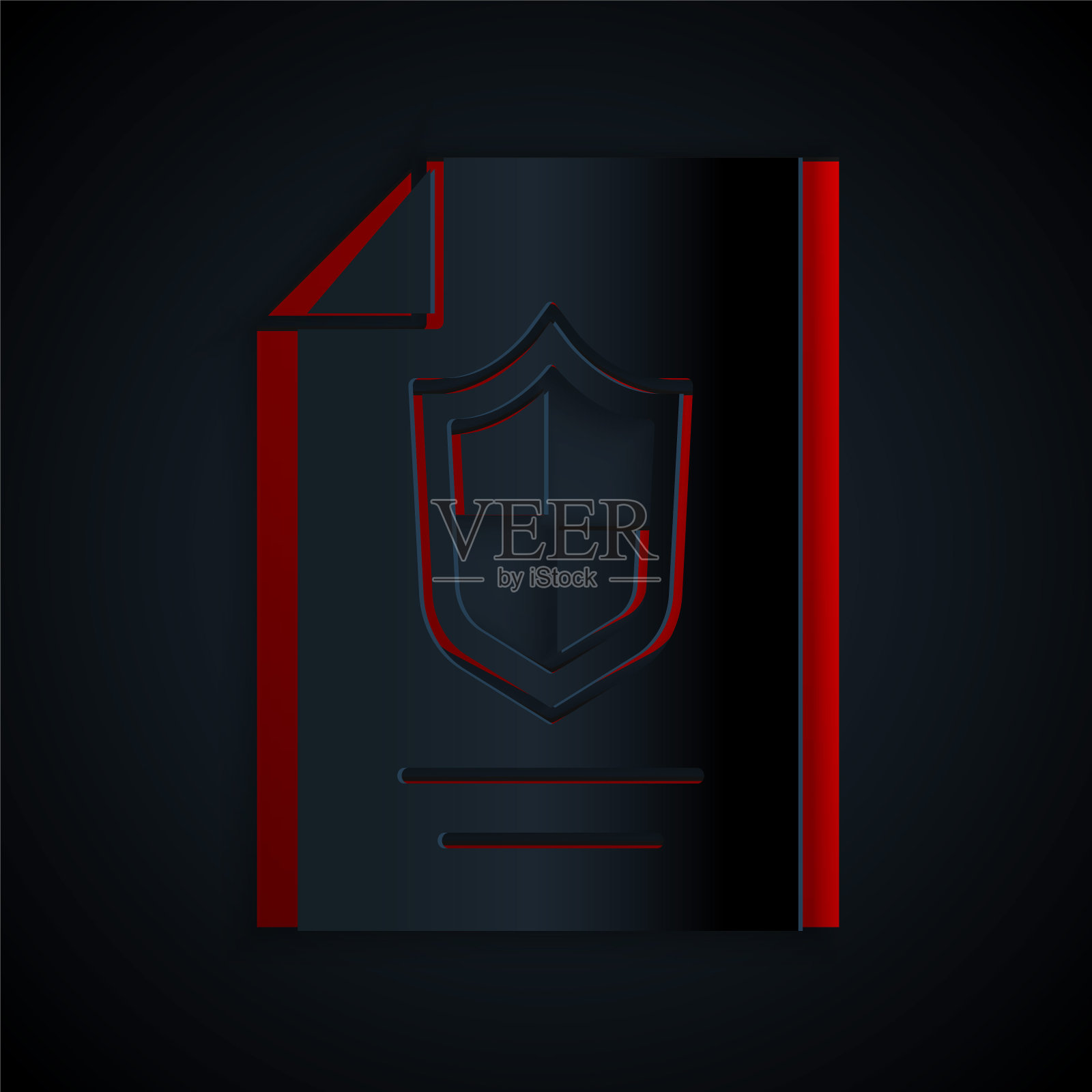 剪纸合同与盾牌图标隔离在黑色背景。保险的概念。安全、安全、保护、保护理念。纸艺术风格。向量插画图片素材