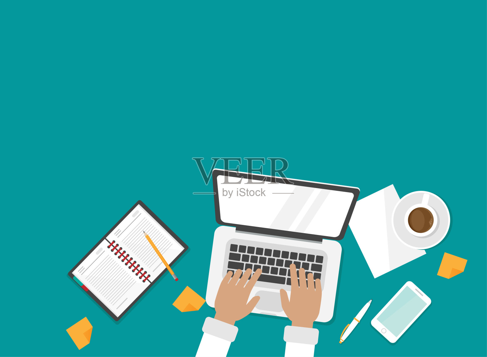 办公室里有咖啡、智能手机和笔记本电脑,手放在键盘上。插画图片素材