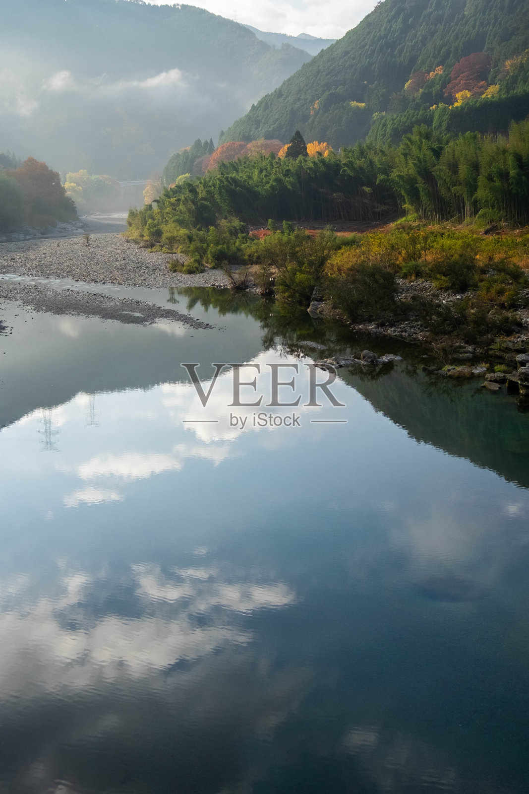 蓝天倒映在河面上照片摄影图片