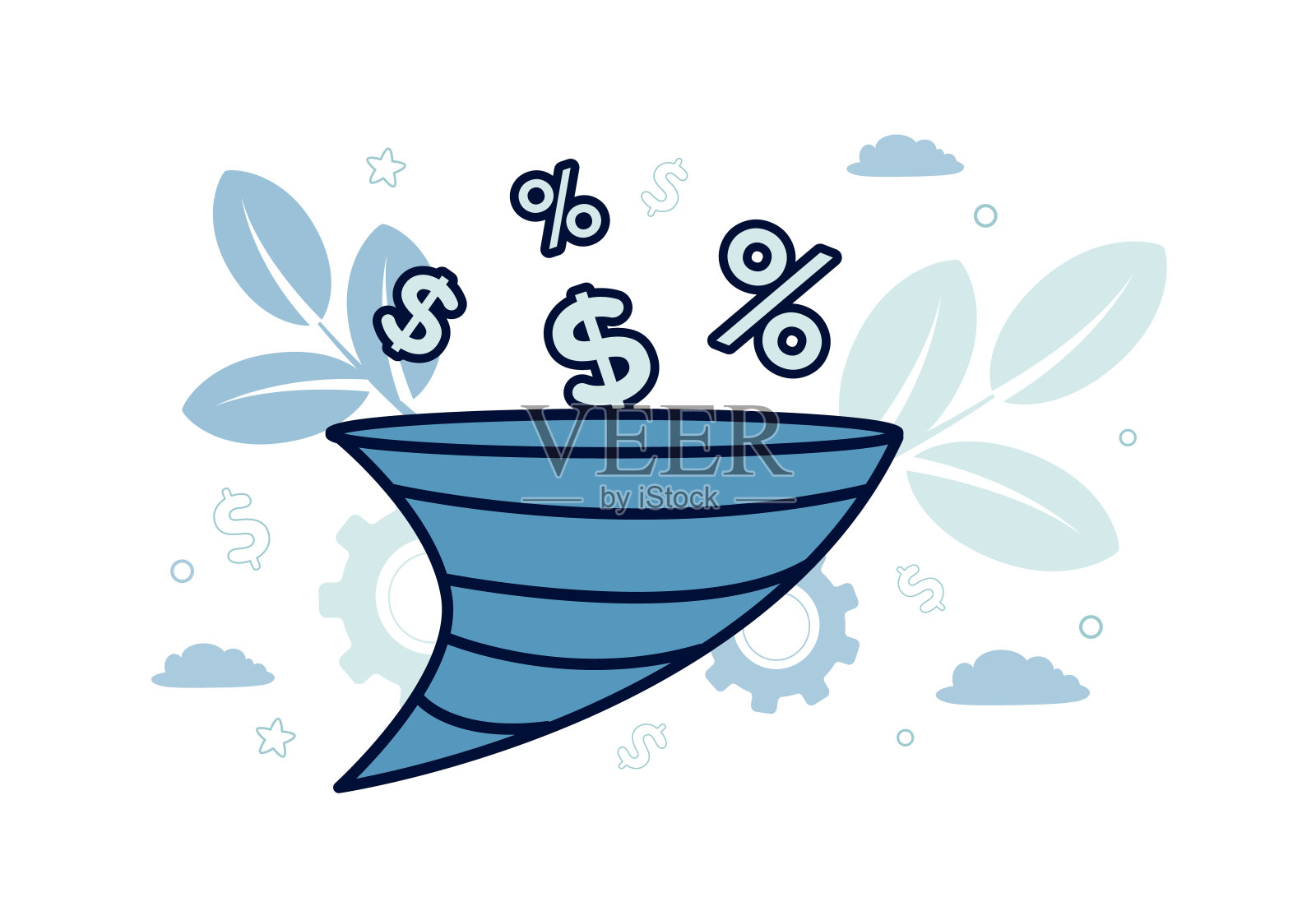 融资。默认的矢量插图。漏斗与下降的美元和百分比图标的背景齿轮,植物,树叶,云,星星插画图片素材