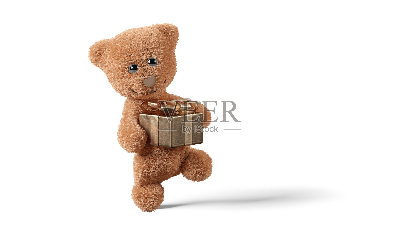 甜蜜和可爱。泰迪熊3d插图与金色礼物。奢侈的礼物照片摄影图片
