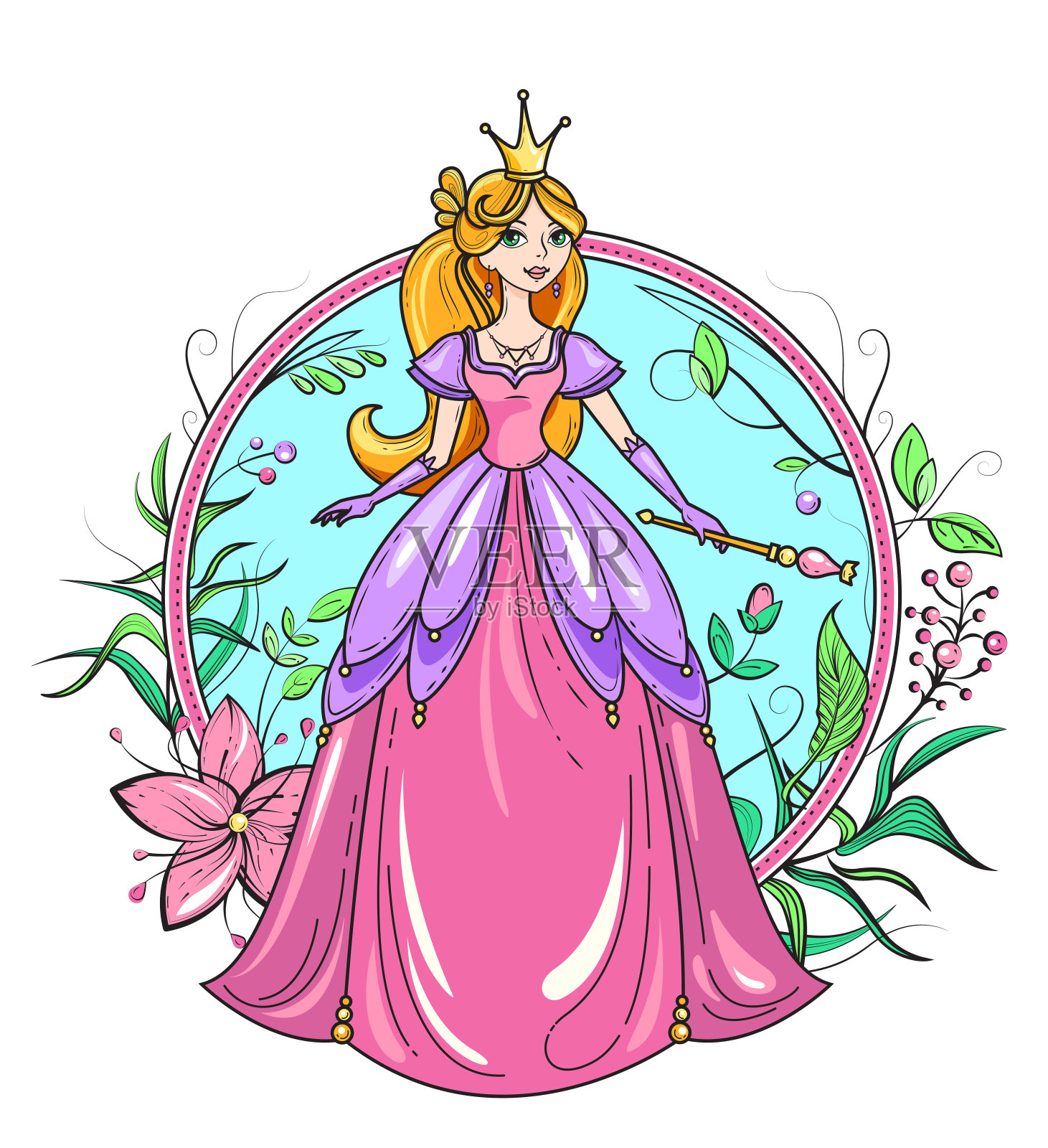 公主站在美丽的裙子与魔术棒插画图片素材