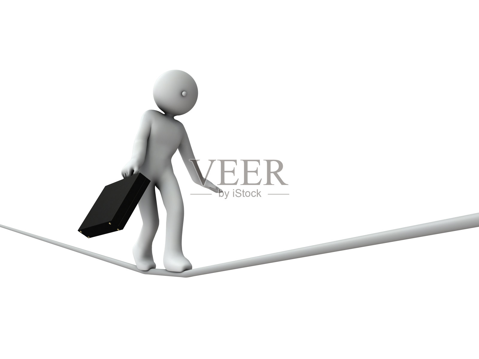 一个在细绳上平衡的角色。他的工作很危险。白色背景。3 d演示。照片摄影图片