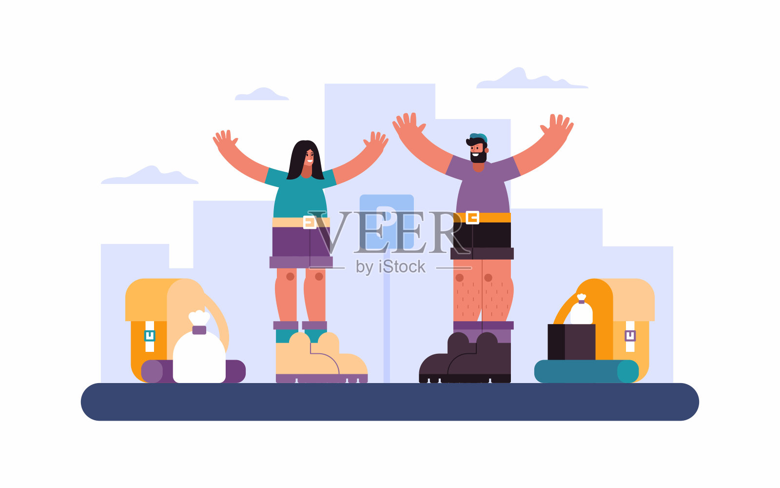 一对快乐的徒步旅行者准备好旅行了插画图片素材