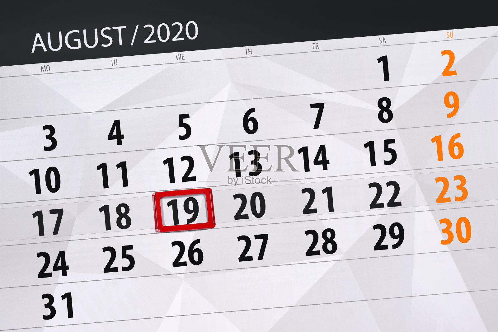 日历计划2020年8月,截止日期,19日,星期三设计模板素材