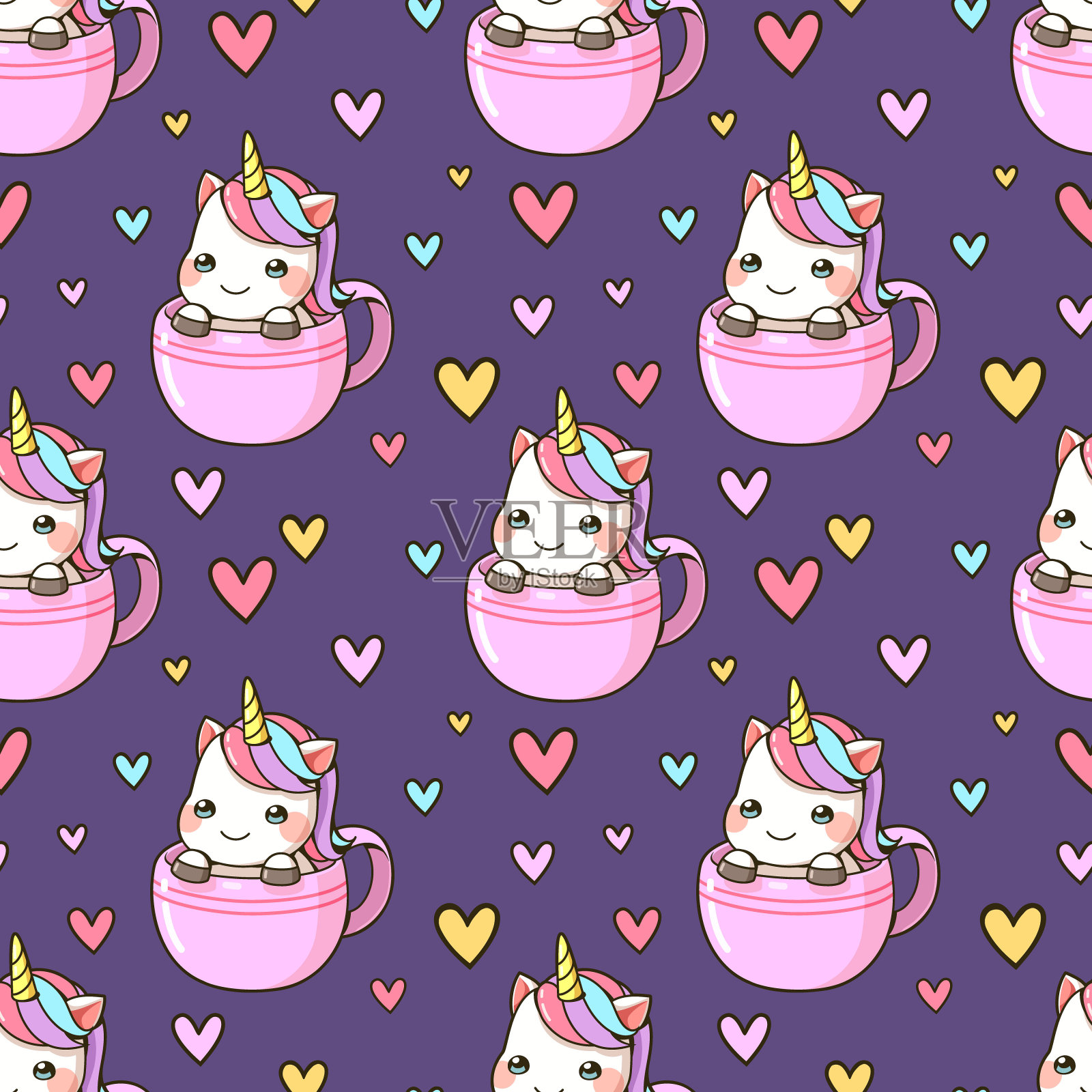 无缝图案的小独角兽在一杯咖啡的卡通插画图片素材