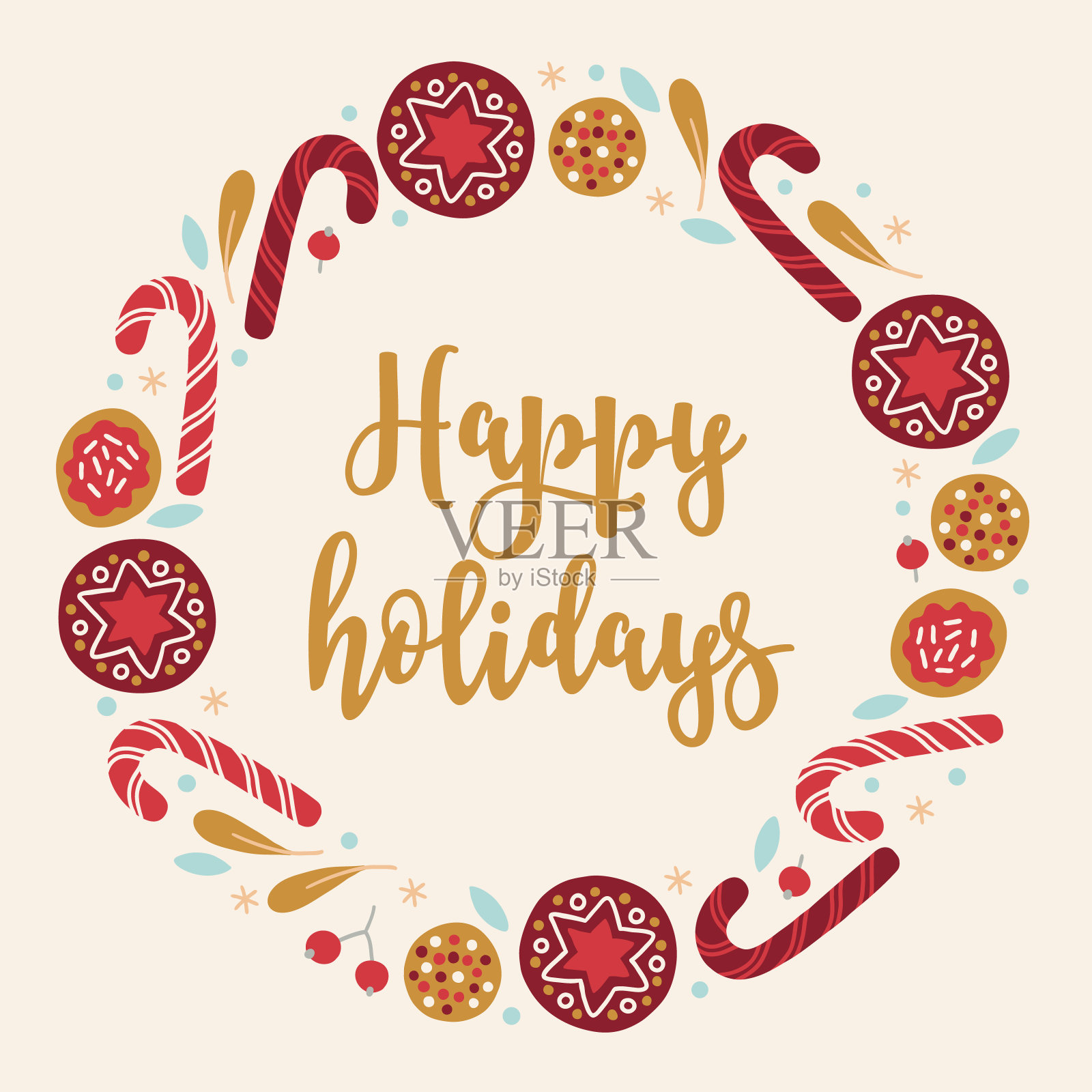 圣诞花环饼干,糖果,甘蔗,树叶,浆果,雪花插画图片素材