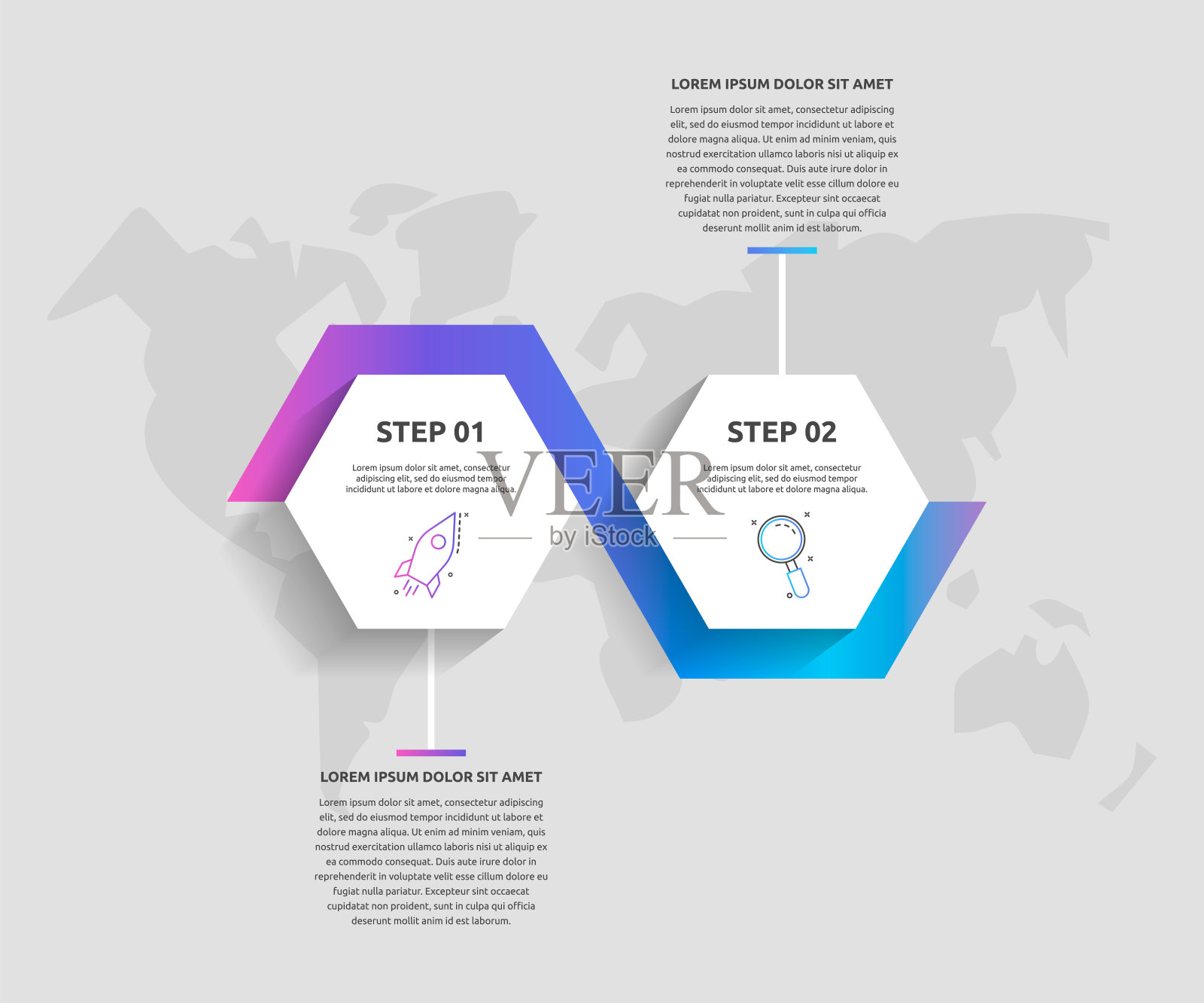 向量业务信息图。现代时间线有两个六边形。用于网页设计,营销广告,工作流程布局,年度报告,流程图,图表插画图片素材