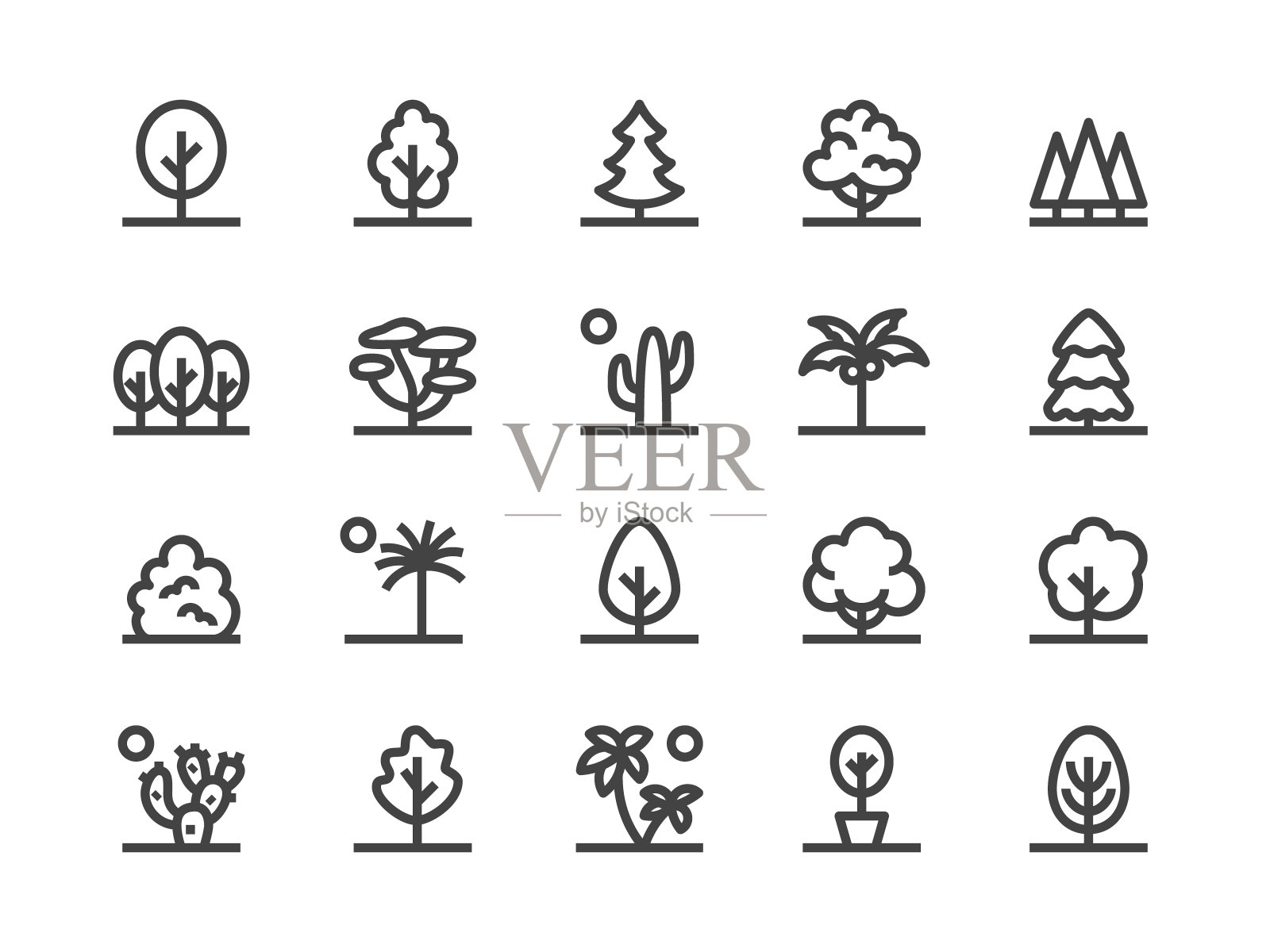 树木,植物线图标。矢量插图平面风格。包括冷杉树,棕榈,公园,沙漠仙人掌,灌木,森林和更多的图标。可编辑的描边。30x30像素完美插画图片素材