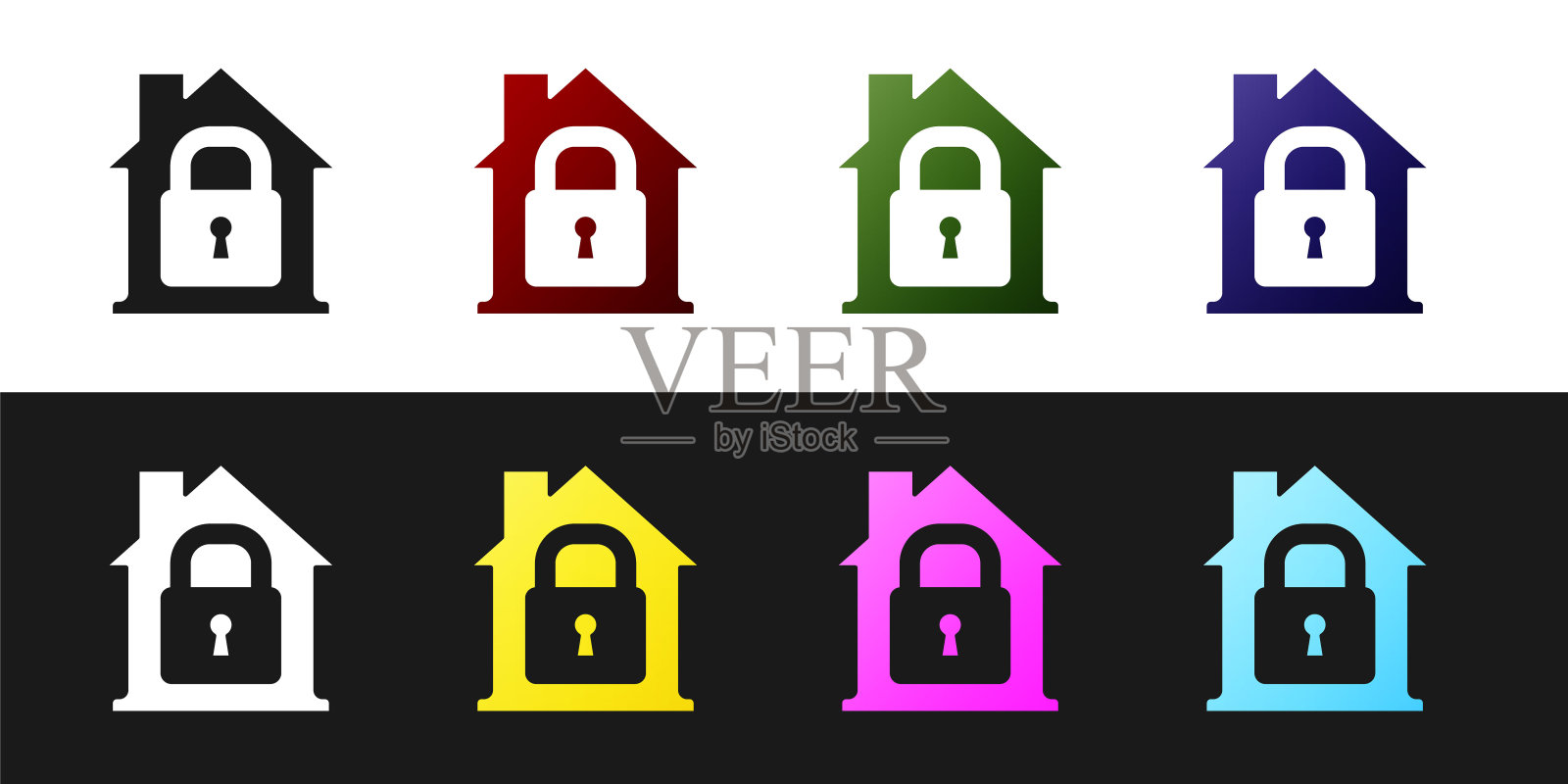 设置房子在保护图标隔离在黑色和白色背景。家和锁。保护、安全、保障、保护、防御的理念。向量插画图片素材