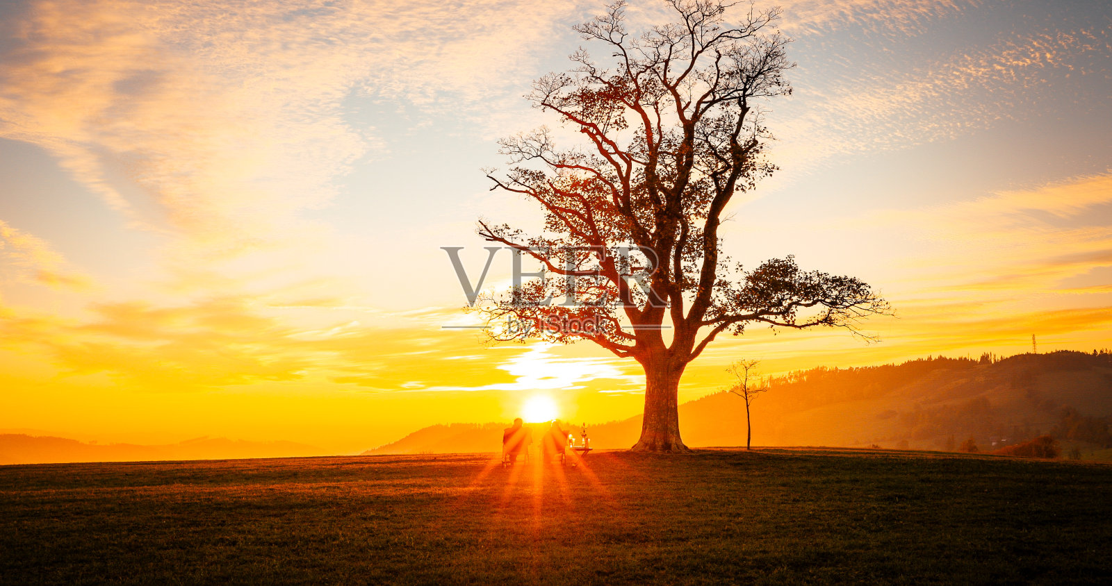 爱的夫妇看日落大洛塔下一个老孤独的树在山上美丽的橙色日落天空充满了云…照片摄影图片