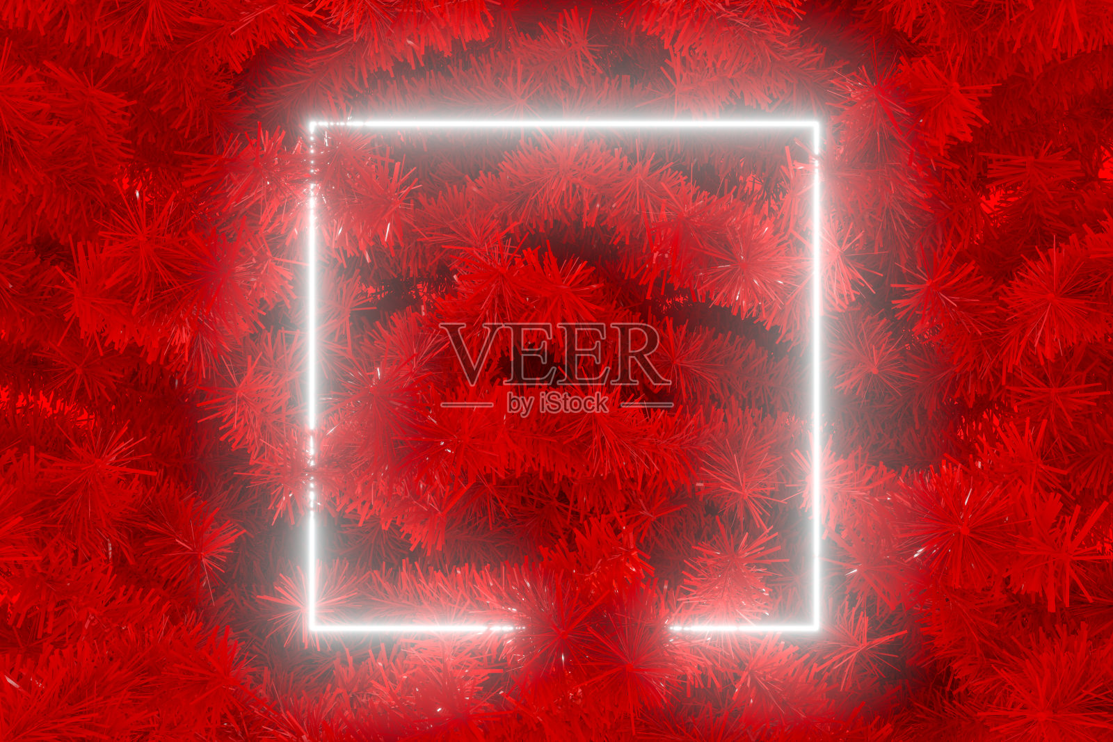 霓虹灯空框架与圣诞树,新年红色背景照片摄影图片