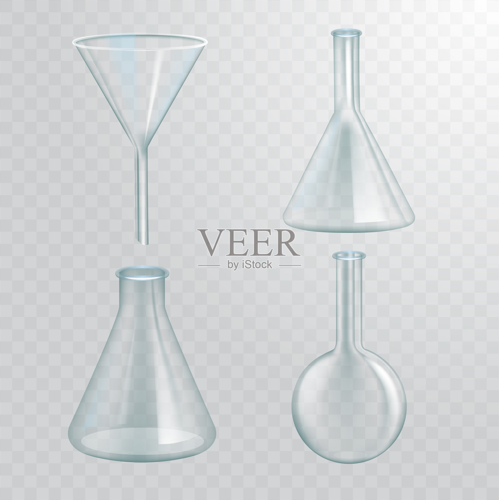 一套逼真的化学烧瓶。透明空漏斗,灯泡,瓶子,试管,过滤器。光透明背景。逼真的3d矢量图插画图片素材