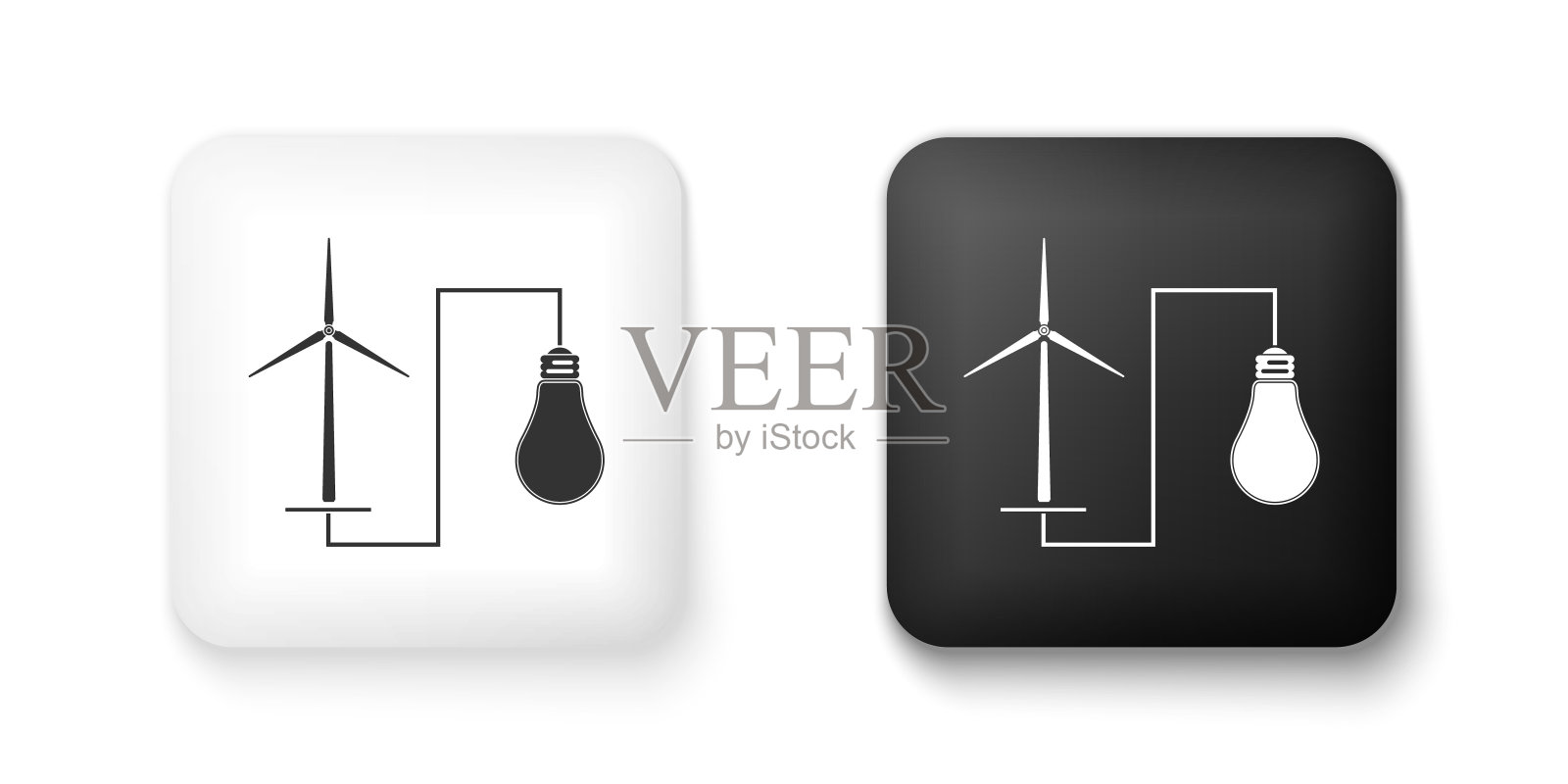 黑白风车涡轮机发电能源和灯泡图标孤立在白色背景。利用风力磨坊生产自然可再生能源。方形按钮。向量图标素材