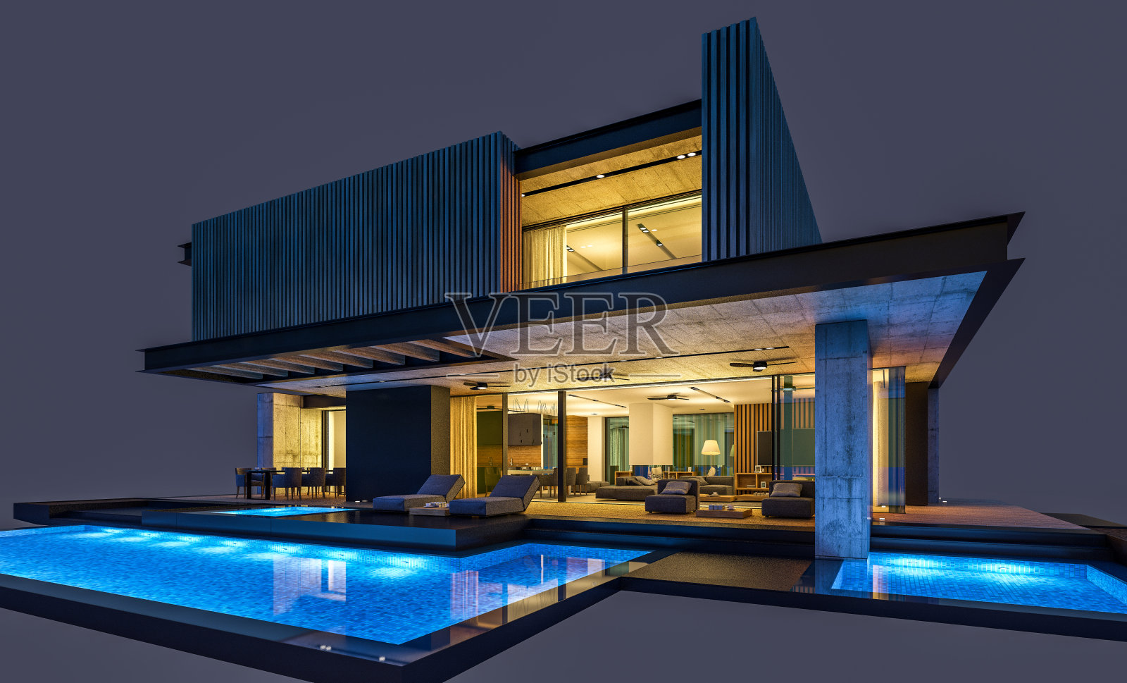 黑色背景下的木质外墙现代住宅3D渲染照片摄影图片