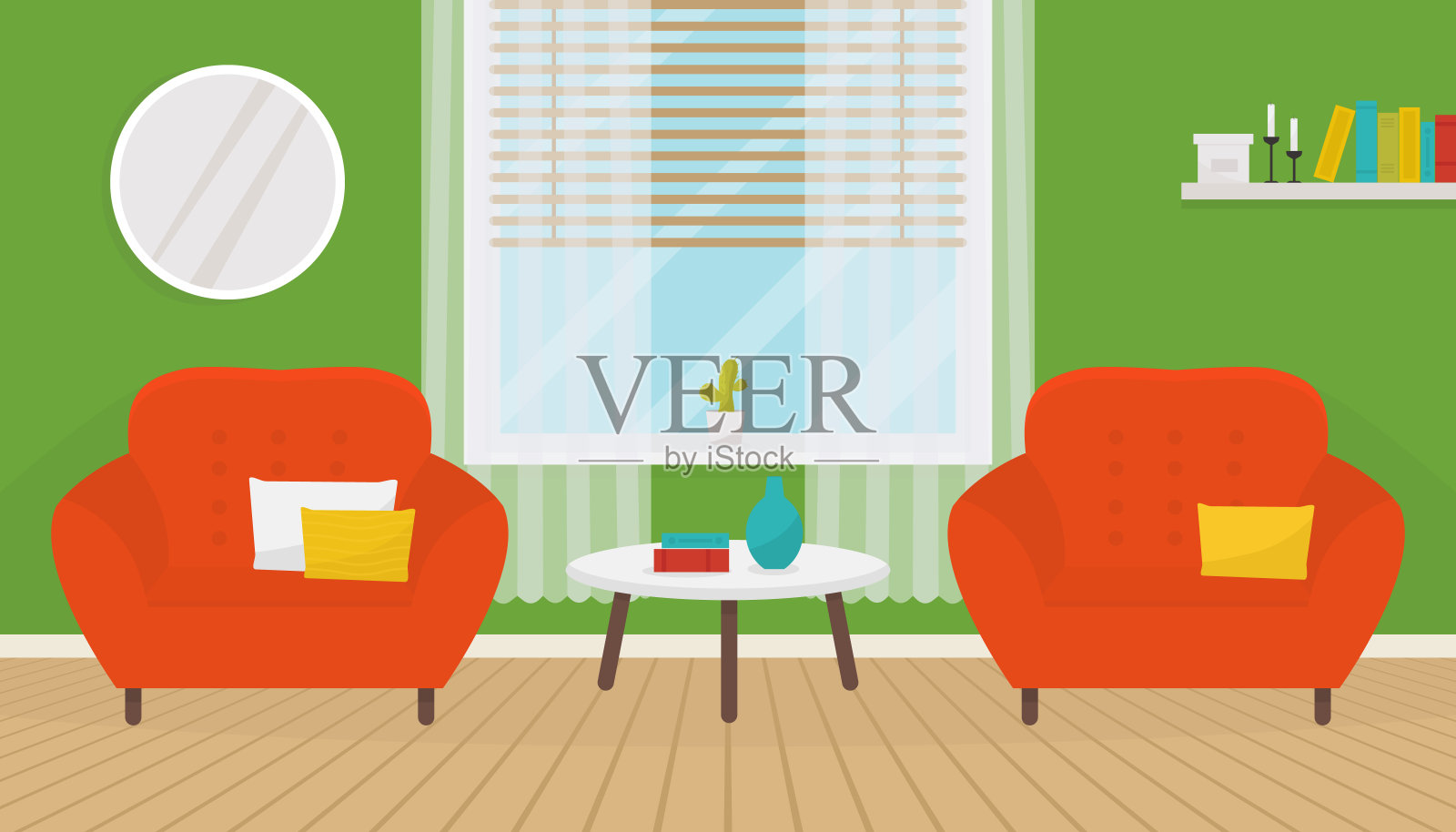 绿色的客厅内部有两把柔软的扶手椅和咖啡桌。有大窗户的现代公寓。家居设计。平面向量插图。插画图片素材