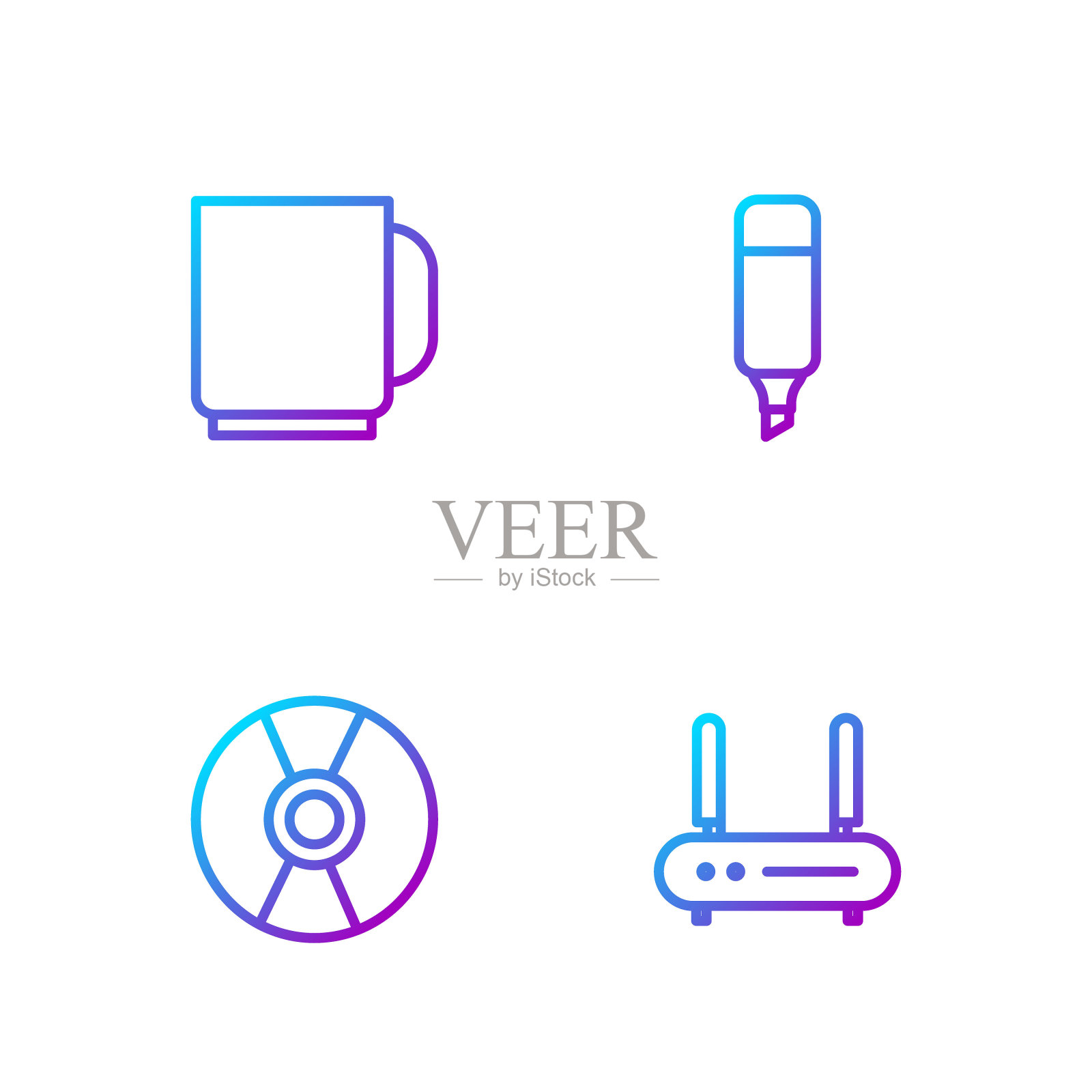设置线路路由器和wi-fi信号,CD或DVD盘,咖啡杯和记号笔。渐变颜色图标。向量图标素材