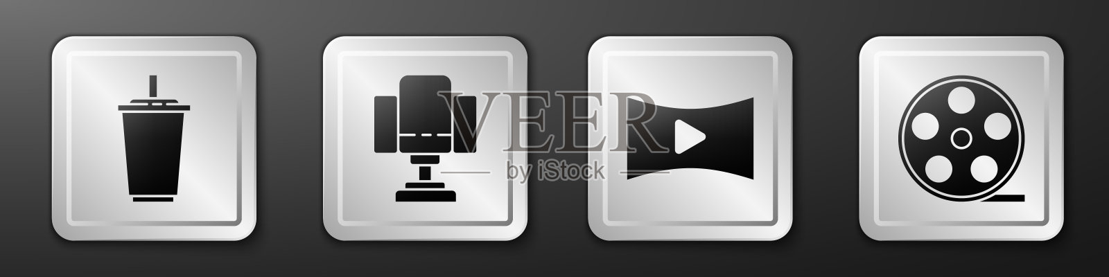 设置水纸杯,导演电影椅,在线播放视频和电影卷轴图标。银色方形按钮。向量图标素材