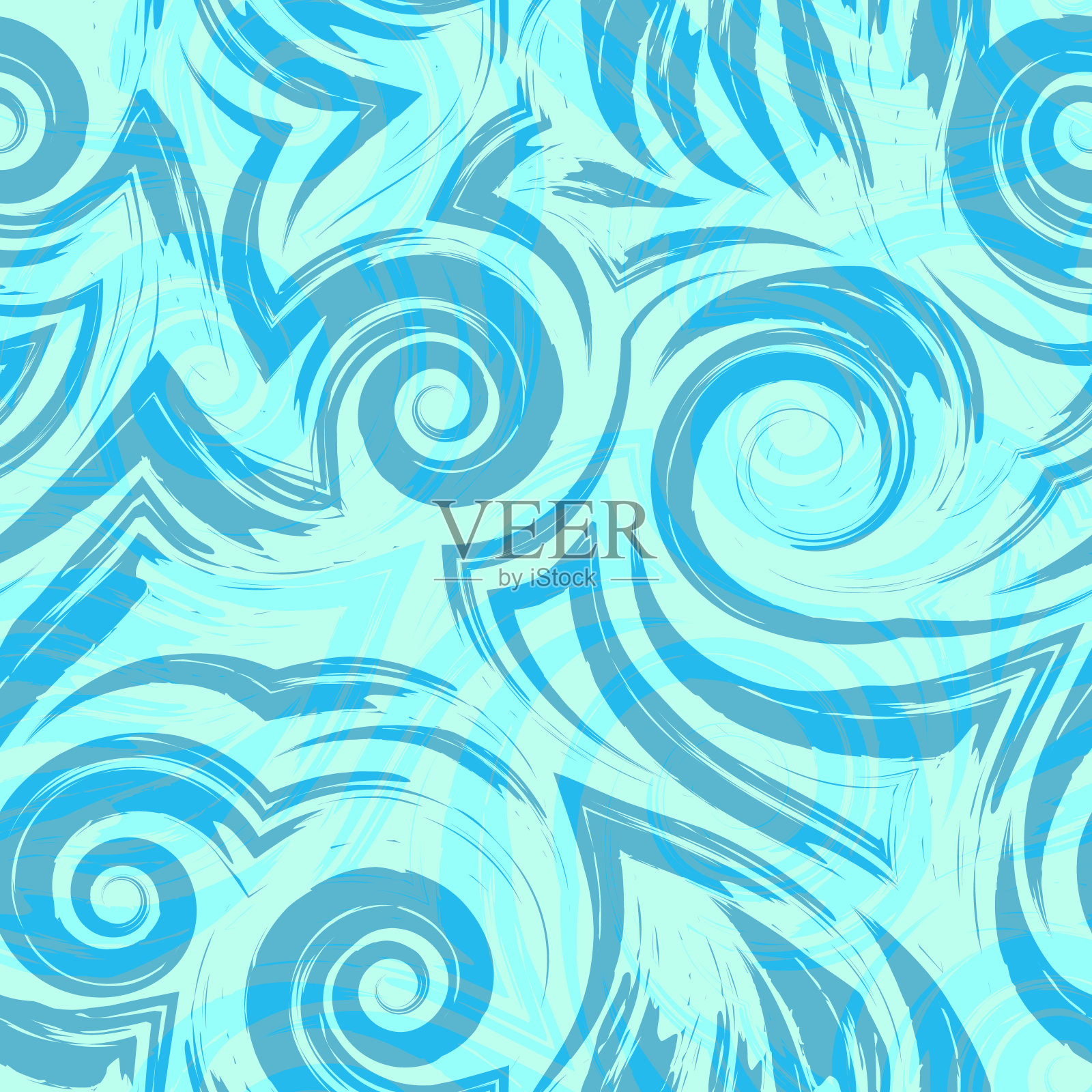 矢量无缝模式的海浪漩涡卷曲蓝色绿松石织物或包装纸纹理插画图片素材