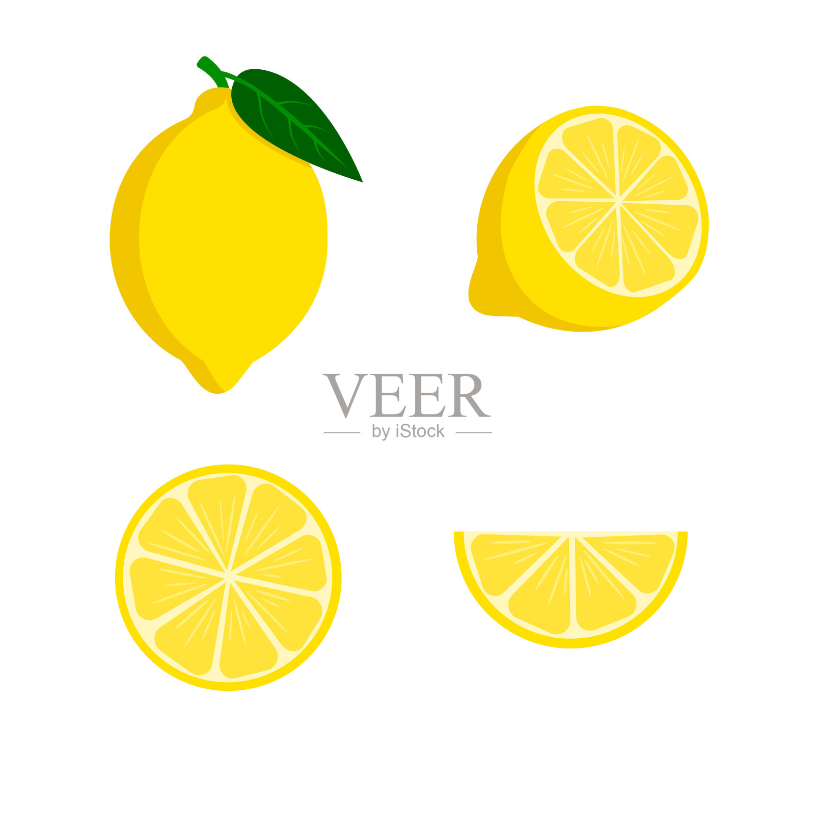 一组柠檬,一个完整的柠檬,一半,一片和一片柠檬。果实孤立在白色背景上。股票矢量插图。插画图片素材