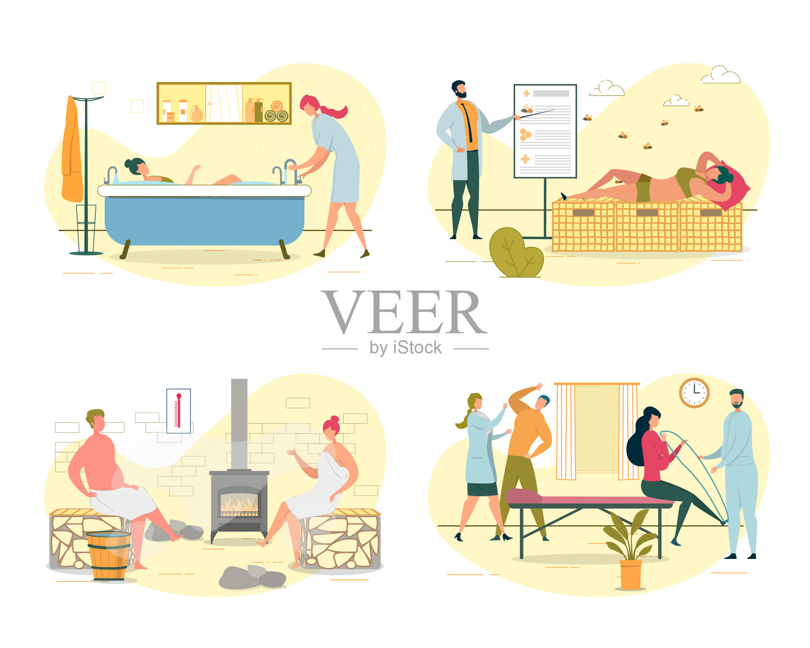 医疗程序蜜蜂治疗热水澡或桑拿浴插画图片素材