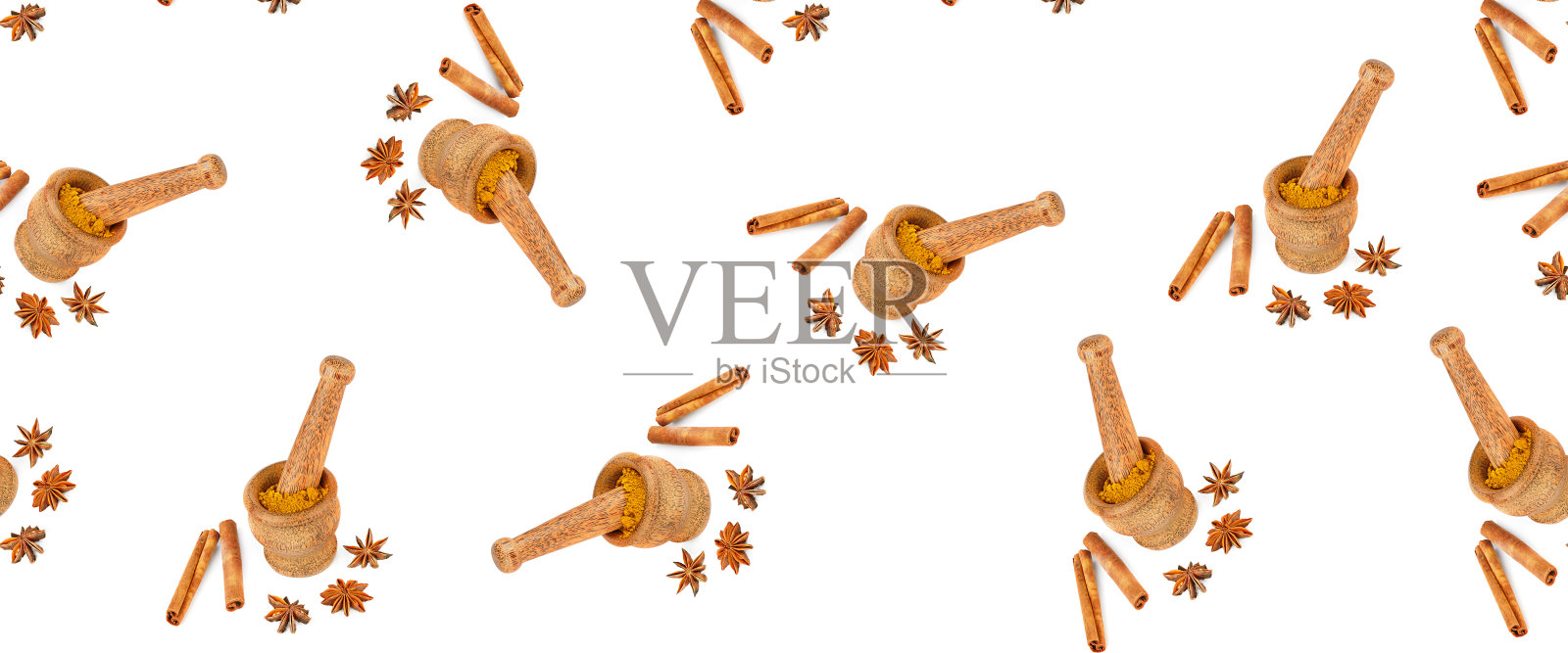 无缝模式与臼,杵,肉桂和八角孤立在白色背景。照片摄影图片