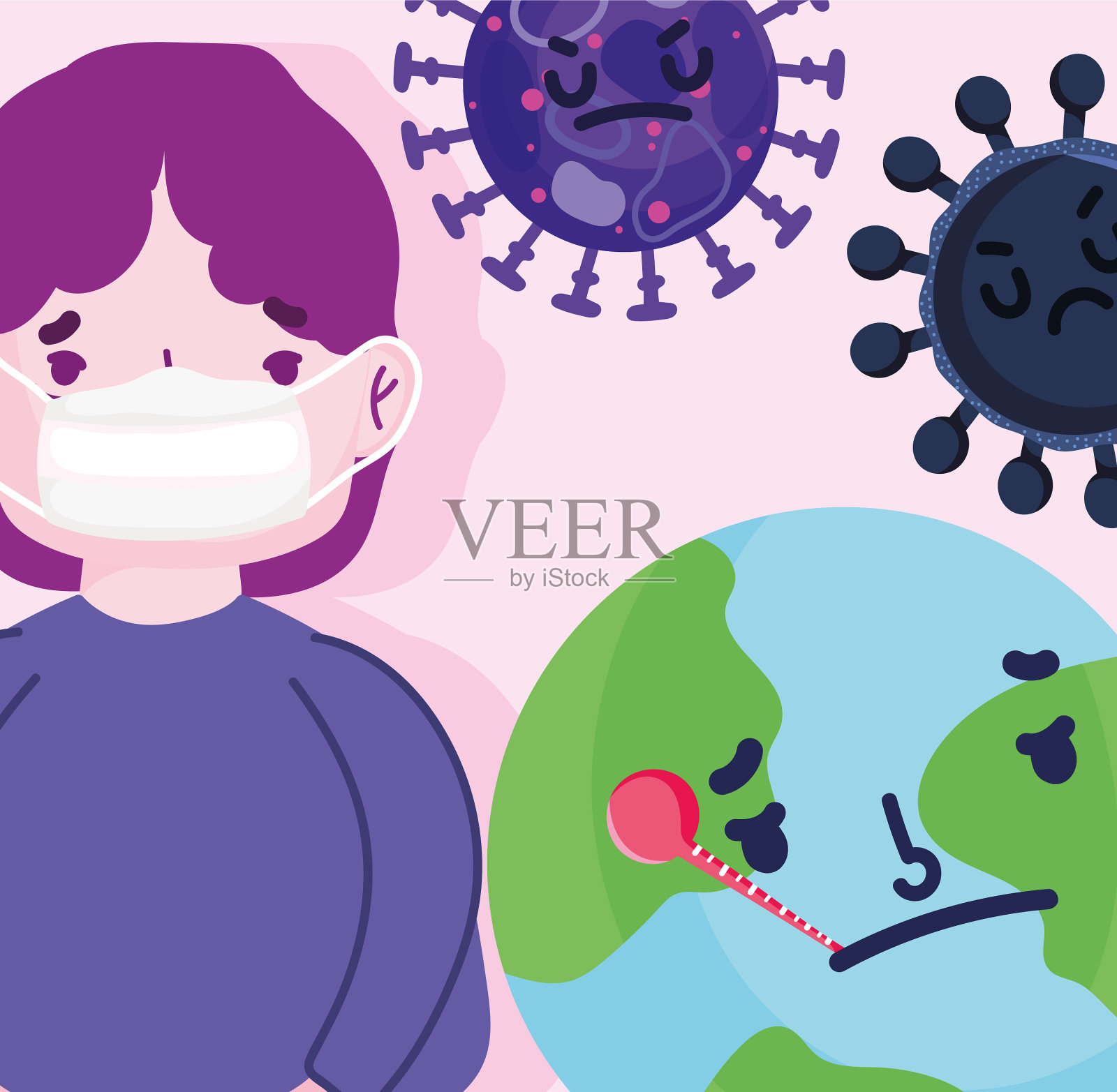 病毒冠状病毒19大流行男子面具与世界插画图片素材