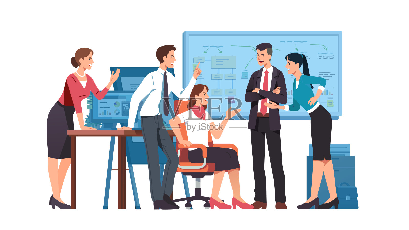 商界男、女同事团队在办公室发生争执。愤怒的人们在讨论业务问题,大喊大叫,打手势。分歧,冲突和团队合作问题。平面向量插图插画图片素材