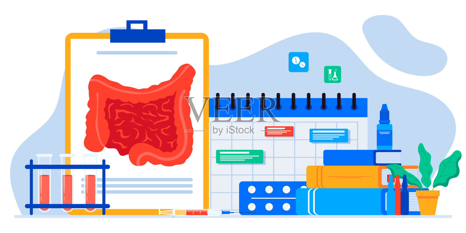 肠道健康和肠道菌群。细菌,消化药片。肠道的诊断。炎症,结肠炎,菌群失调。生态失调,菌群治疗。医生的约会。在线咨询插画图片素材