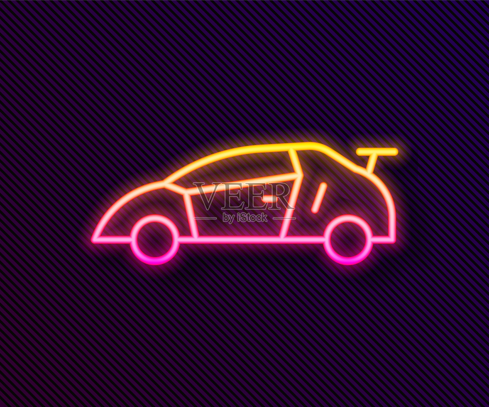 发光的霓虹灯线运动赛车图标孤立的黑色背景。向量插画图片素材