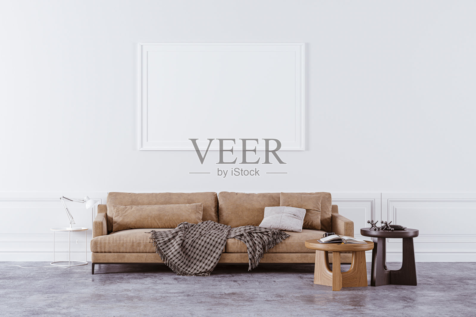 美丽干净的室内沙发和空白画布框架的3d渲染照片摄影图片