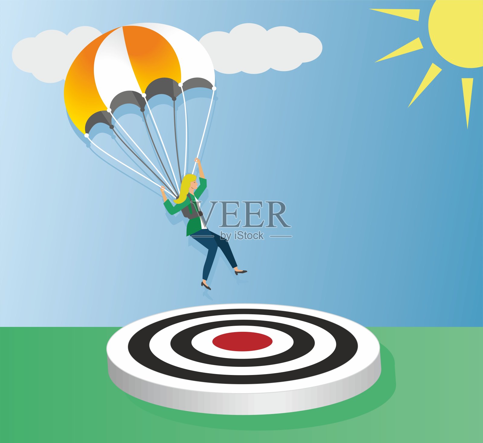 跳跃才能获得成功。勇敢的女人跳到大目标,目标。矢量插图。插画图片素材