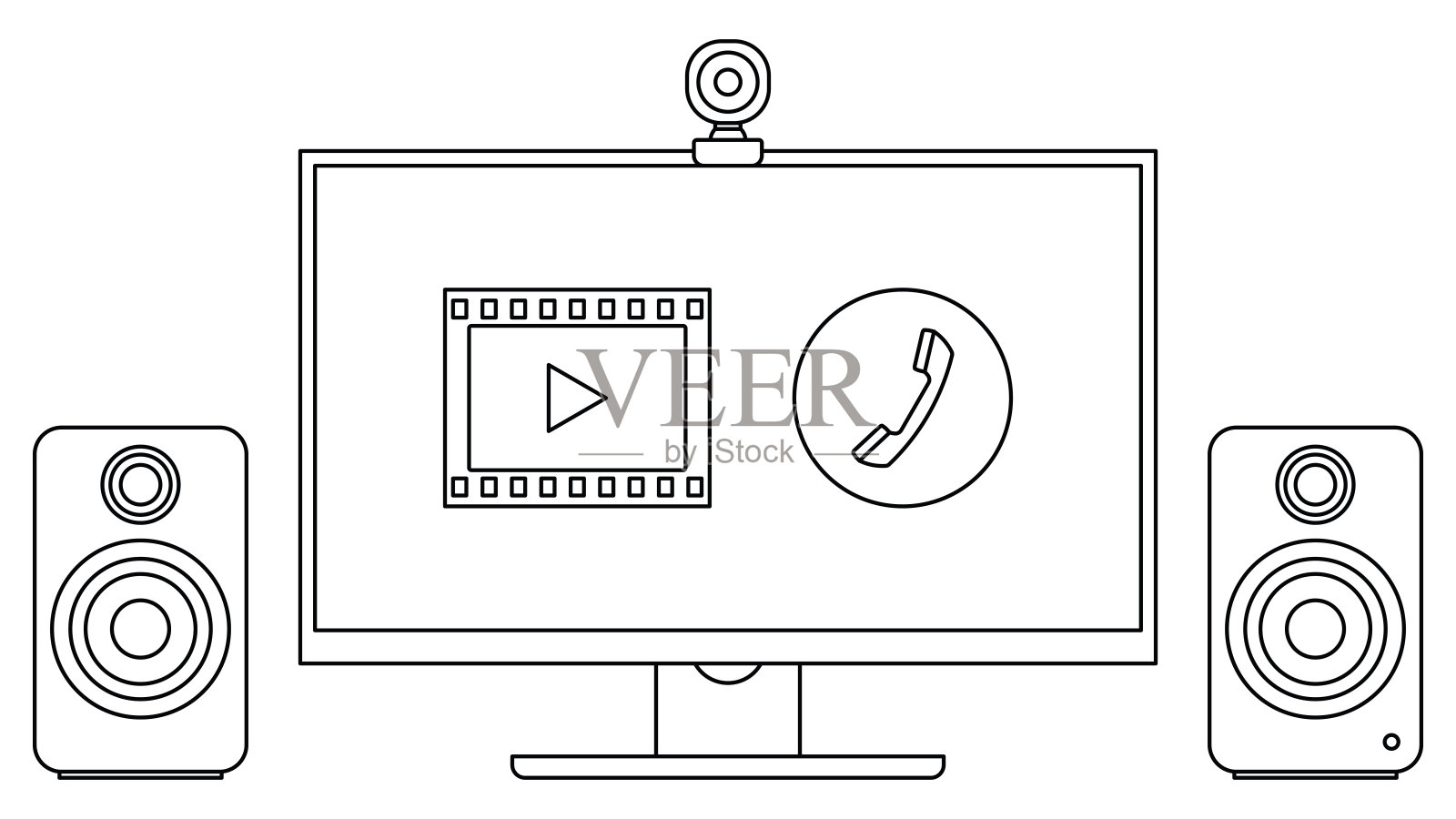 视频会议设备图标设置。向量细线插画图片素材