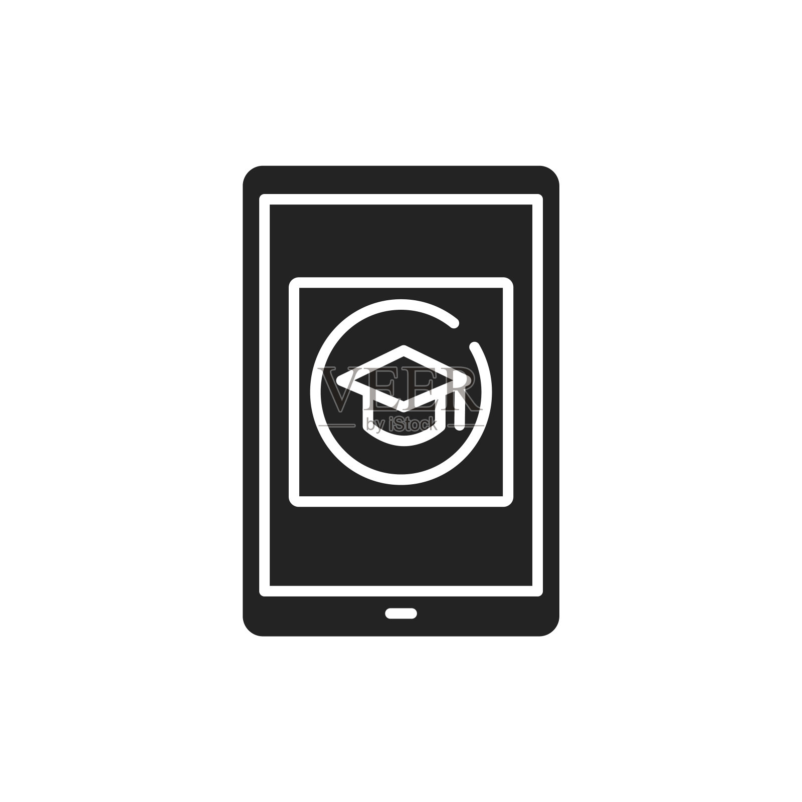 电子学习应用程序在平板电脑黑色字形图标。在线教育网站的概念。学习程序,课程应用程序。用户界面显示。网页、手机应用、按钮、logo的签名插画图片素材