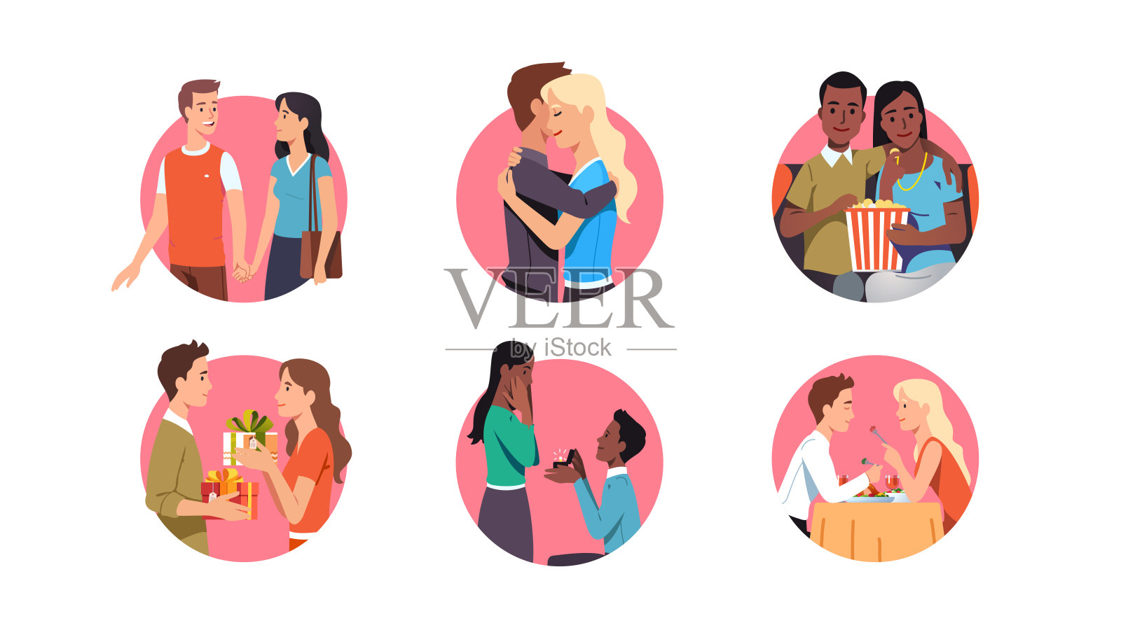 情侣约会。男人和女人牵手,拥抱,看电影,送礼物,一起吃饭。用戒指求婚。爱情关系,浪漫,情人节。平面矢量图设计元素图片