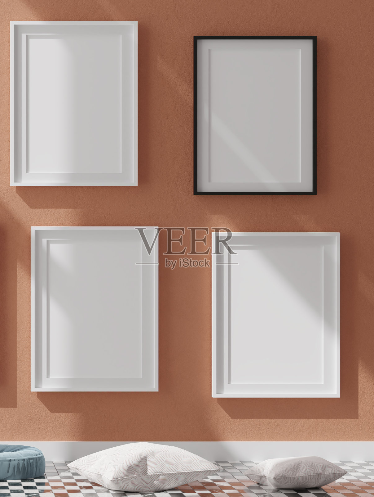 四个垂直的白色框架模型,白色框架上的橙色墙壁,3d插图照片摄影图片